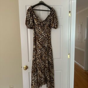 Ronny Kobo Collection Leopard-Print Puff Sleeve Midi Dress in Brown and Black
